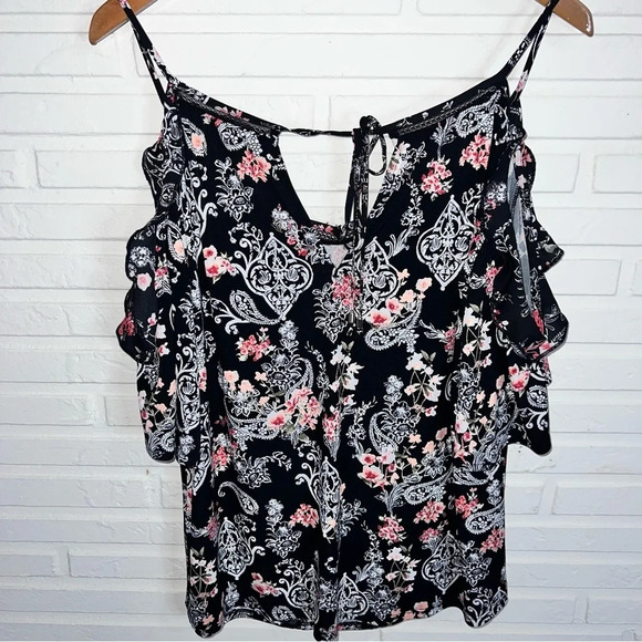 WHBM Black Floral Cold Shoulder Short Sleeve Ruffle Blouse, Women’s Size Medium - Picture 4 of 7